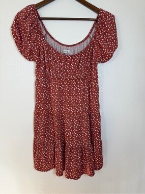 Hollister Rust Red Floral Puff-Sleeve Mini Dress